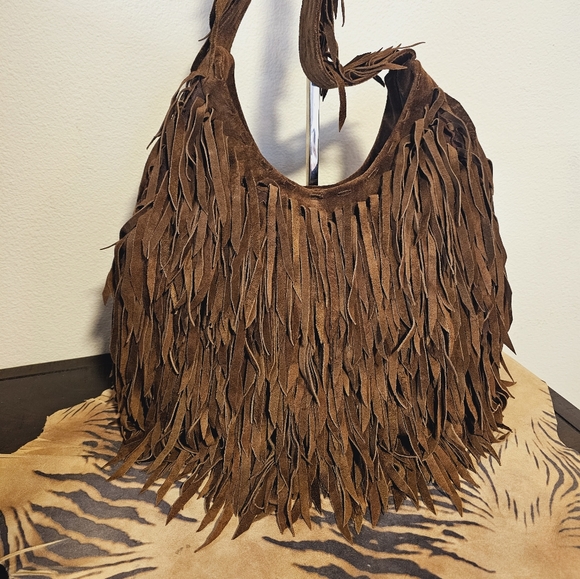 MOTIF 56 Chocolate Brn Suede Fringe Handbag EUC Vintage - Picture 4 of 7